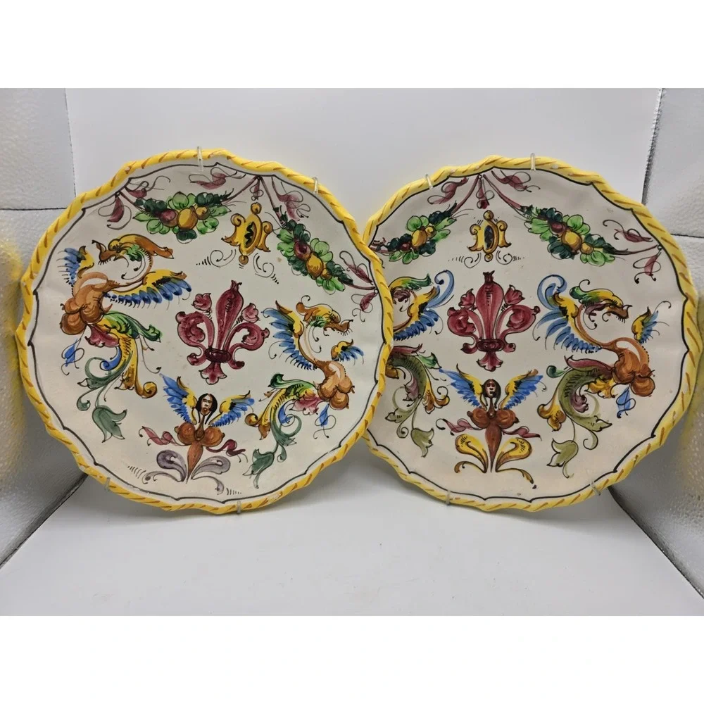 Set (2) Plates Vintage Italian Majolica Handmade Fratelli Fanciullacci Dragons